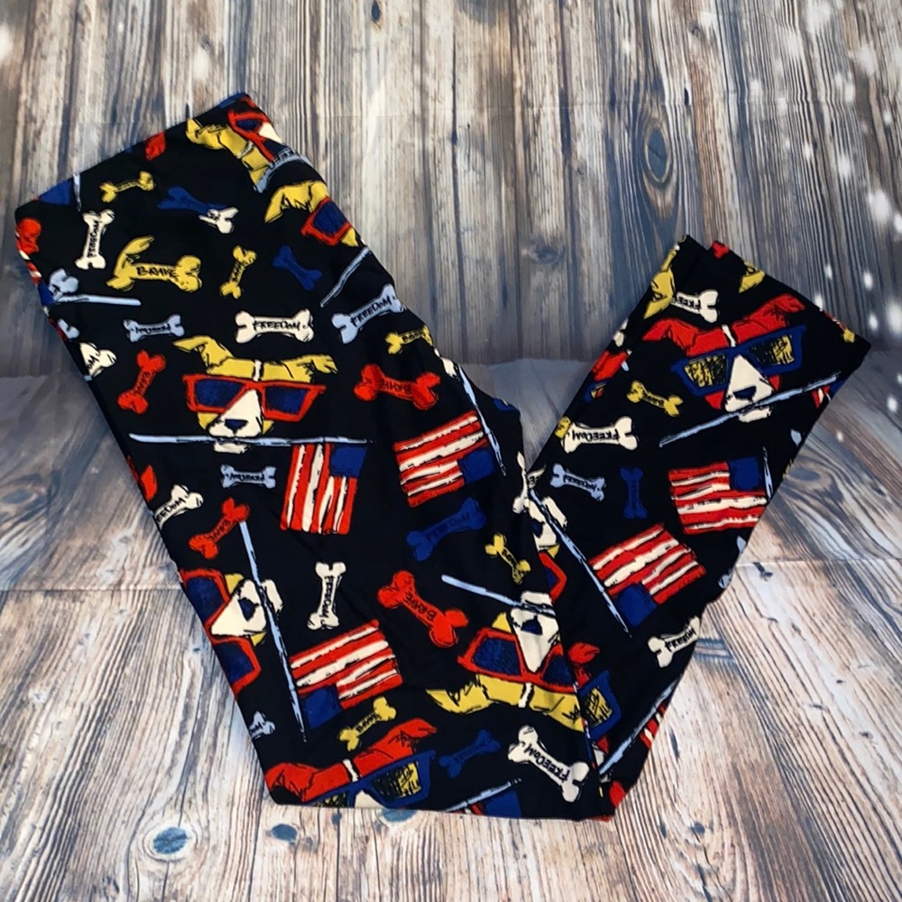 New LuLaRoe TC Tall & Curvy Leggings Dog Flag America Patriotic Red White Blue